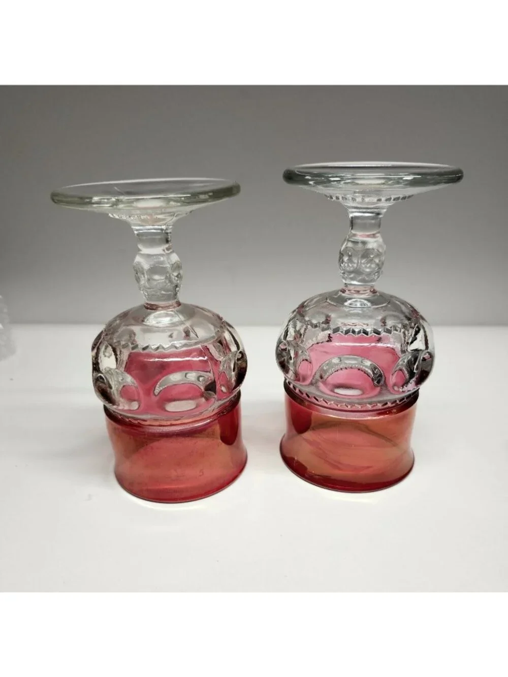 Tiffin Franciscan Cranberry Thumbprint King's Crown Vintage Glass Goblets Set